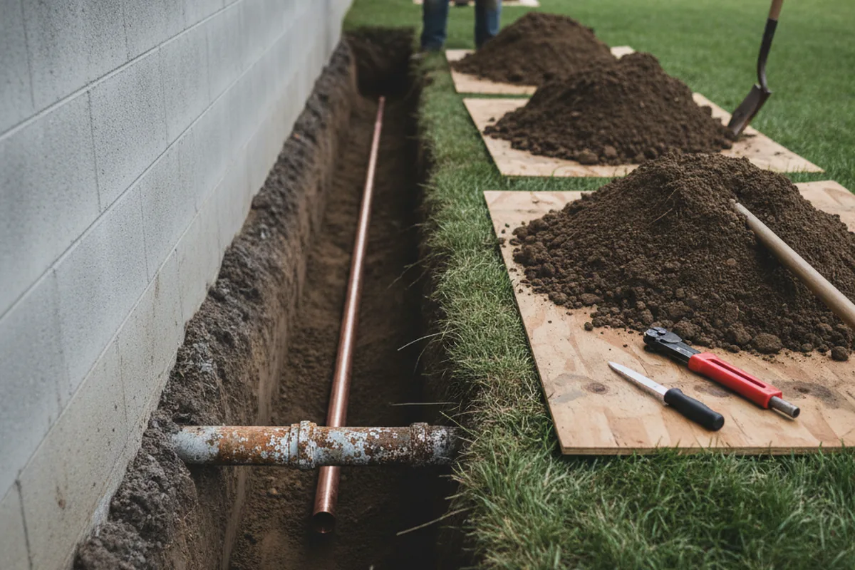 Excavated water line trench during Water Heater Repair in Symsonia